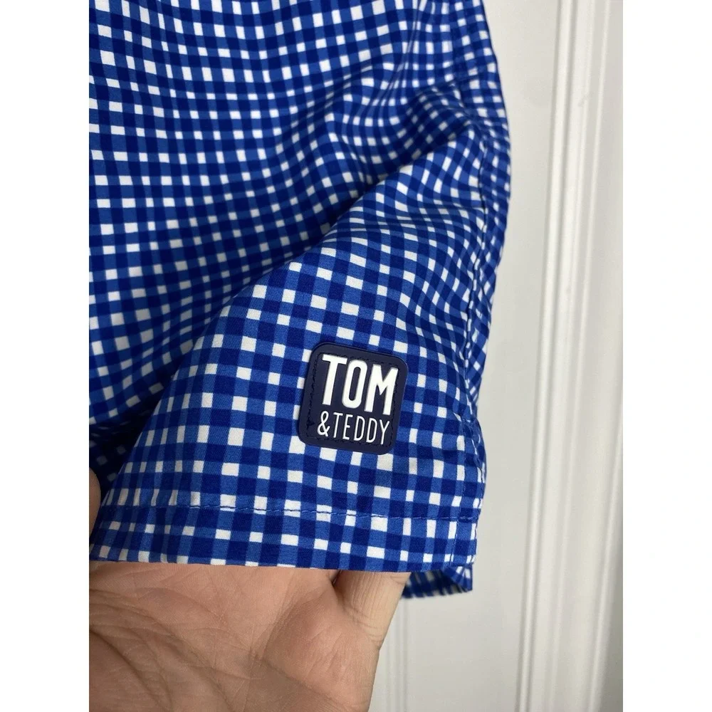Tom And Teddy‎ Men's Lined Picnic Pattern Swim Trunks Blue White Size Medium